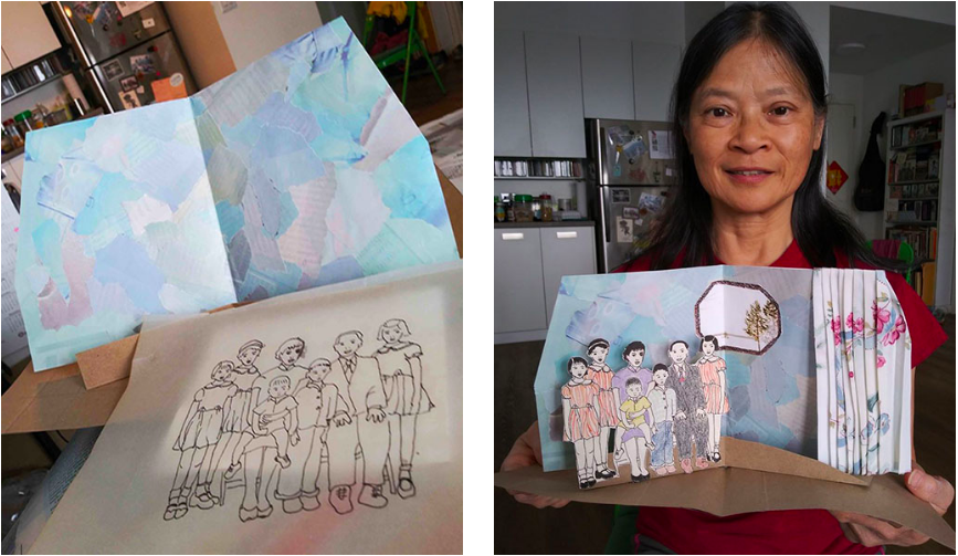 LaGuardia Senior Center student, Margaret Yuen, sharing her pop-up memory book, “A Prosperous Family全家福,” Margaret used materials found around her home to create this pop-up using Spica Wobbe and Karen Oughred's instructional videos. Credit: The Memory Project: Storytelling through Visual Arts, Theater and Puppetry