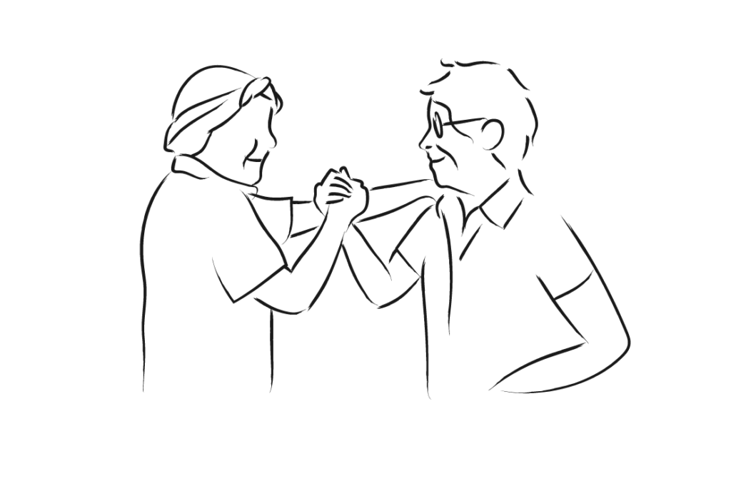Line drawing of two people clasping hands in solidarity.